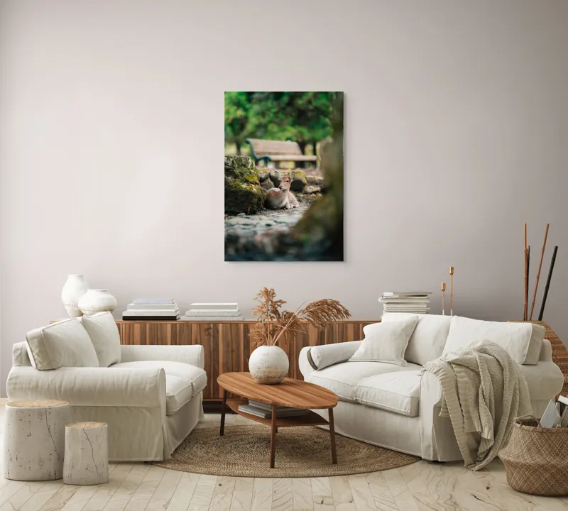 Tablou Canvas, "Caprioara odihnindu-se în pădurea liniștită", Deer, Nature, Resting, Tranquil, Forest, Bench, Mossy, Stones, Serene, 70 x 100 cm – poza 4