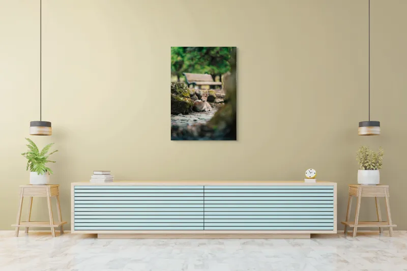 Tablou Canvas, "Caprioara odihnindu-se în pădurea liniștită", Deer, Nature, Resting, Tranquil, Forest, Bench, Mossy, Stones, Serene, 70 x 100 cm – poza 5