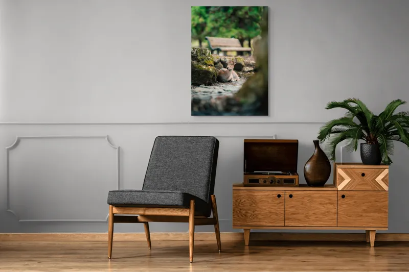 Tablou Canvas, "Caprioara odihnindu-se în pădurea liniștită", Deer, Nature, Resting, Tranquil, Forest, Bench, Mossy, Stones, Serene, 70 x 100 cm – poza 6