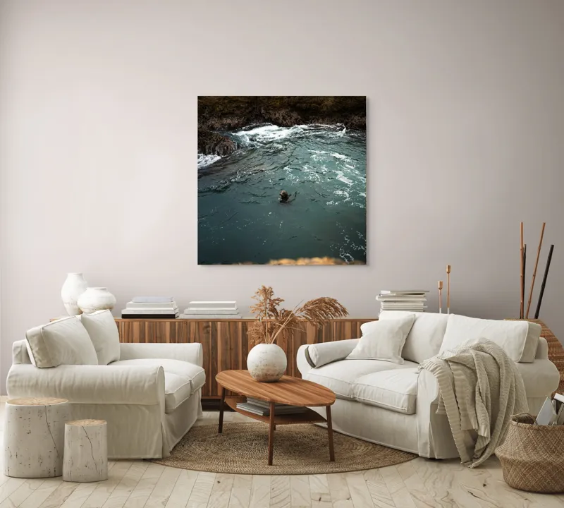 Tablou Canvas, "Foca în apele oceanului liniștite", Ocean, Focă, Valuri, Stânci, Apă, Natură, Liniște., 100 x 100 cm – poza 3