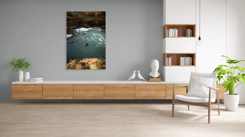 Tablou Canvas, "Foca în apele oceanului liniștite", Ocean, Focă, Valuri, Stânci, Apă, Natură, Liniște., 100 x 150 cm – poza 8