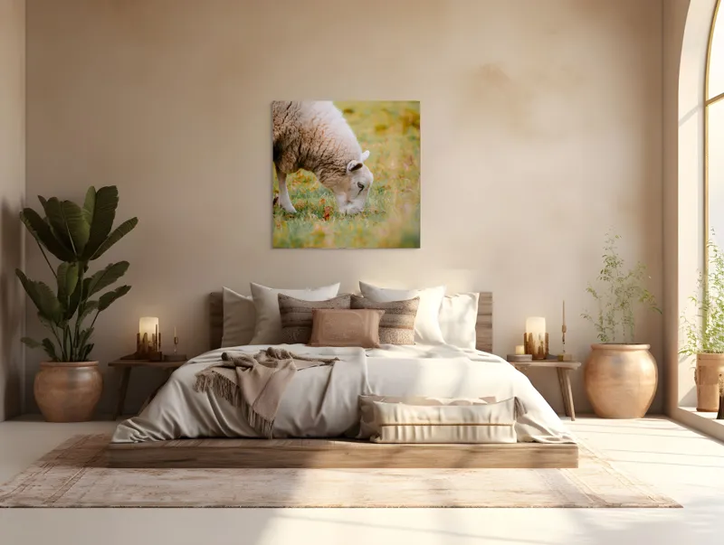 Tablou Canvas, "Oaia paște în liniștea pășunii", Oi, Pajiște, Verde, Blană, Mâncat, Natură, Serenitate, Liniște, Peisaj, Idilică, 100 x 100 cm – poza 4