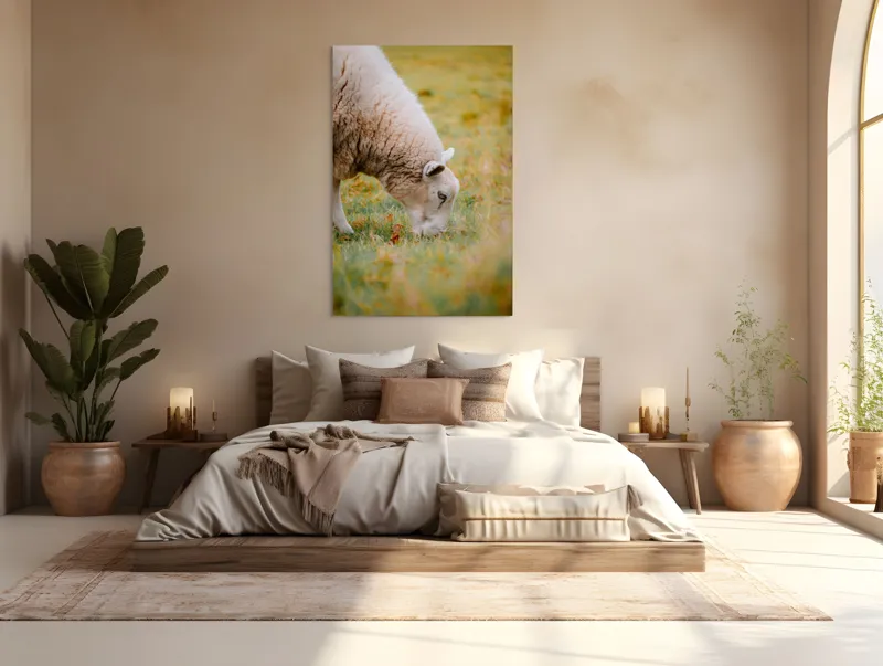 Tablou Canvas, "Oaia paște în liniștea pășunii", Oi, Pajiște, Verde, Blană, Mâncat, Natură, Serenitate, Liniște, Peisaj, Idilică, 100 x 150 cm – poza 3