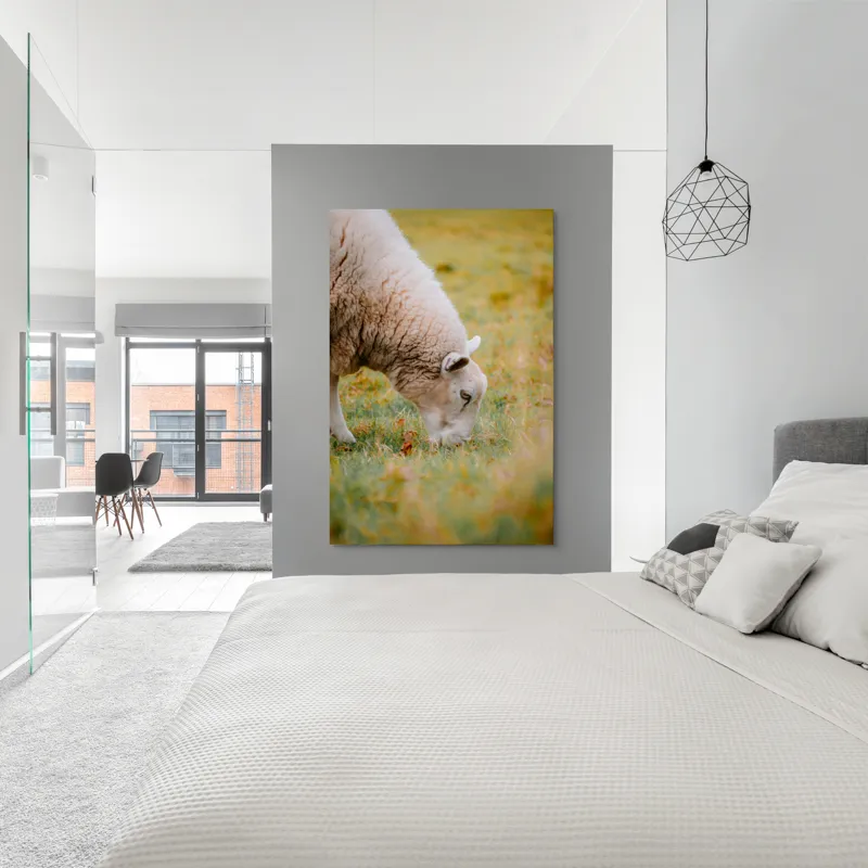 Tablou Canvas, "Oaia paște în liniștea pășunii", Oi, Pajiște, Verde, Blană, Mâncat, Natură, Serenitate, Liniște, Peisaj, Idilică, 100 x 150 cm – poza 5