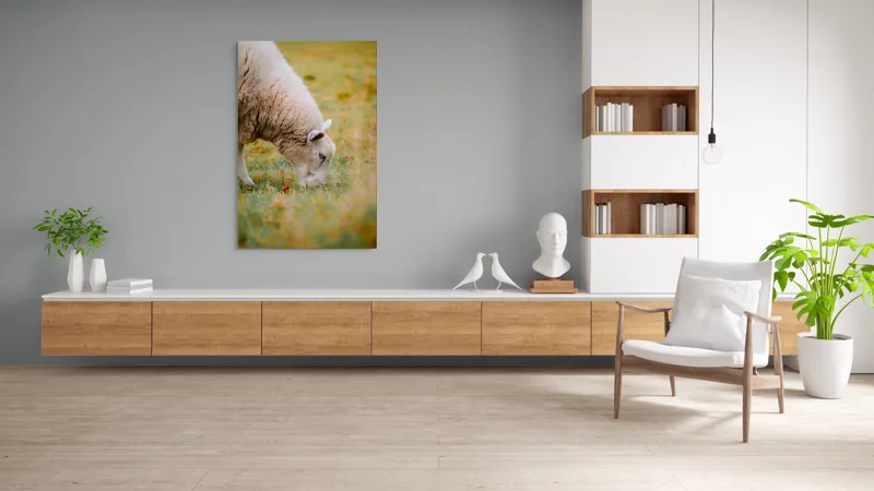 Tablou Canvas, "Oaia paște în liniștea pășunii", Oi, Pajiște, Verde, Blană, Mâncat, Natură, Serenitate, Liniște, Peisaj, Idilică, 100 x 150 cm – poza 8