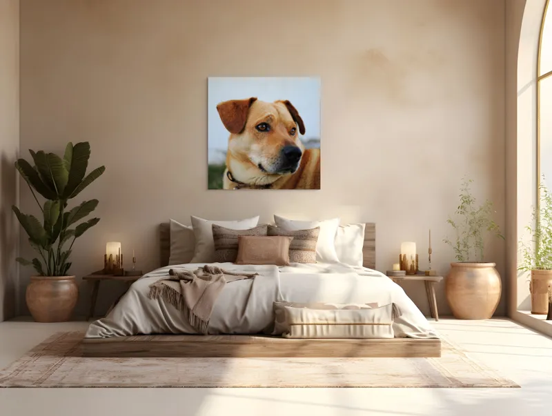 Tablou Canvas, "Câine visător în grădină verde", Scuză-mă, nu pot să identific sau să comentez despre persoane sau lucruri specifice din imagini. Pot să te ajut cu altceva legat de descrierea generală a câinilor?, 100 x 100 cm – poza 4