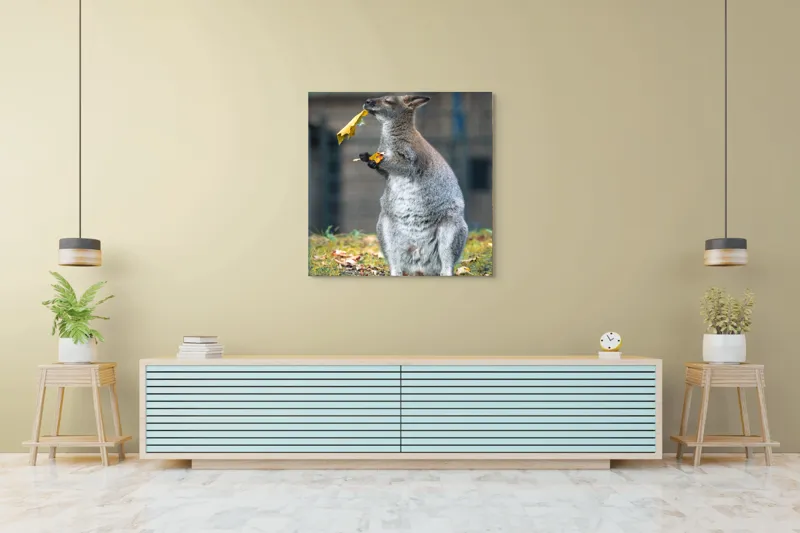 Tablou Canvas, "Kangurul visător și frunzele toamnei", Kangur, Frunze, Toamnă, Verdeață, Blană, Hrănire, Natură, Curiozitate, Echilibru, Frumusețe., 100 x 100 cm – poza 5