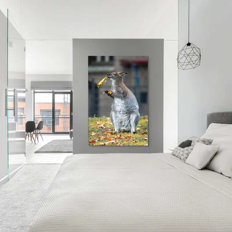 Tablou Canvas, "Kangurul visător și frunzele toamnei", Kangur, Frunze, Toamnă, Verdeață, Blană, Hrănire, Natură, Curiozitate, Echilibru, Frumusețe., 100 x 150 cm – poza 5