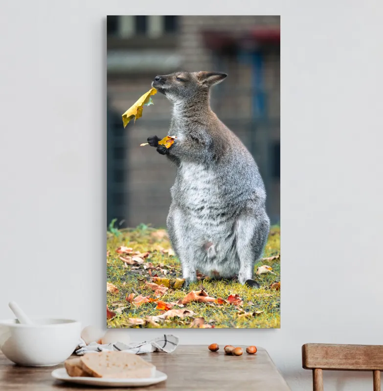 Tablou Canvas, "Kangurul visător și frunzele toamnei", Kangur, Frunze, Toamnă, Verdeață, Blană, Hrănire, Natură, Curiozitate, Echilibru, Frumusețe., 50 x 90 cm – poza 3