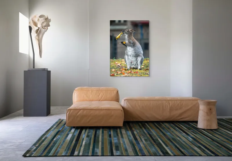 Tablou Canvas, "Kangurul visător și frunzele toamnei", Kangur, Frunze, Toamnă, Verdeață, Blană, Hrănire, Natură, Curiozitate, Echilibru, Frumusețe., 70 x 100 cm – poza 7