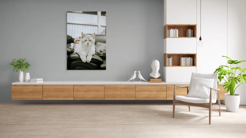 Tablou Canvas, "Pisica fericită pe canapea neagră", Pisică, Albă, Somnoroasă, Canapea, Relaxare, Blăniță, Pufos, Odihnă, 100 x 150 cm – poza 8