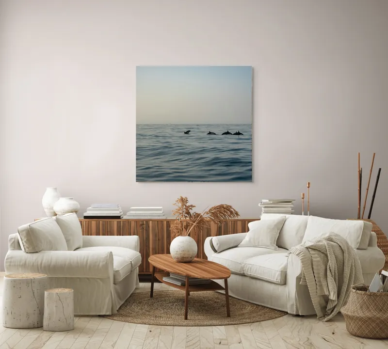 Tablou Canvas, "Delfini în dansul dimineții marine", Ocean, Delfini, Valuri, Orizont, Cer, Apus, 100 x 100 cm – poza 3