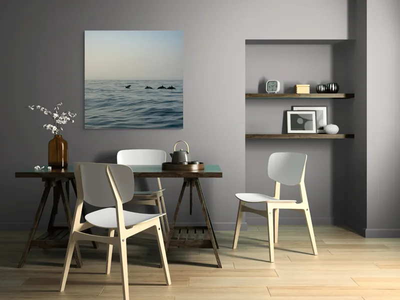 Tablou Canvas, "Delfini în dansul dimineții marine", Ocean, Delfini, Valuri, Orizont, Cer, Apus, 100 x 100 cm – poza 6