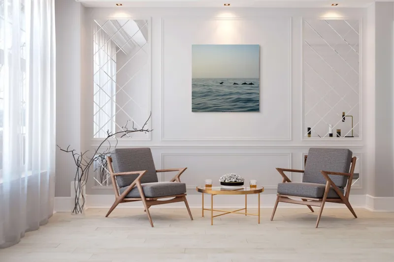 Tablou Canvas, "Delfini în dansul dimineții marine", Ocean, Delfini, Valuri, Orizont, Cer, Apus, 100 x 100 cm – poza 7
