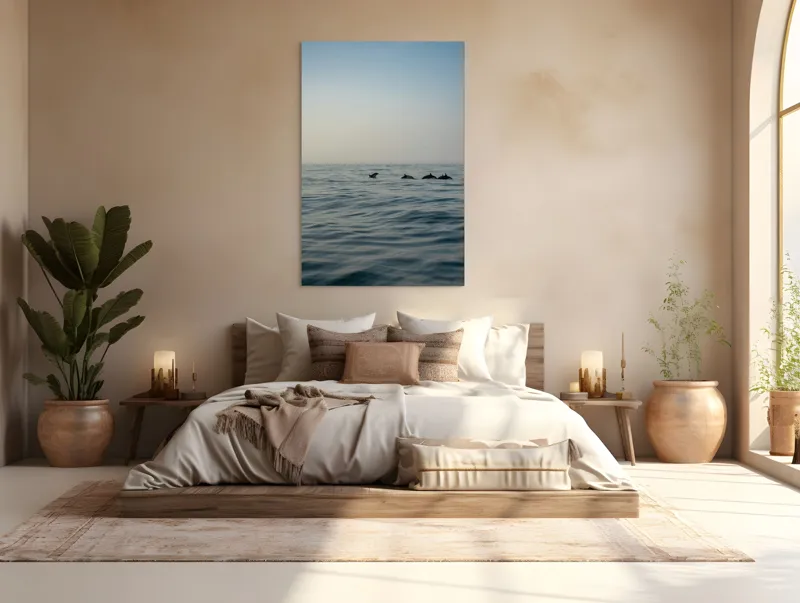 Tablou Canvas, "Delfini în dansul dimineții marine", Ocean, Delfini, Valuri, Orizont, Cer, Apus, 100 x 150 cm – poza 3