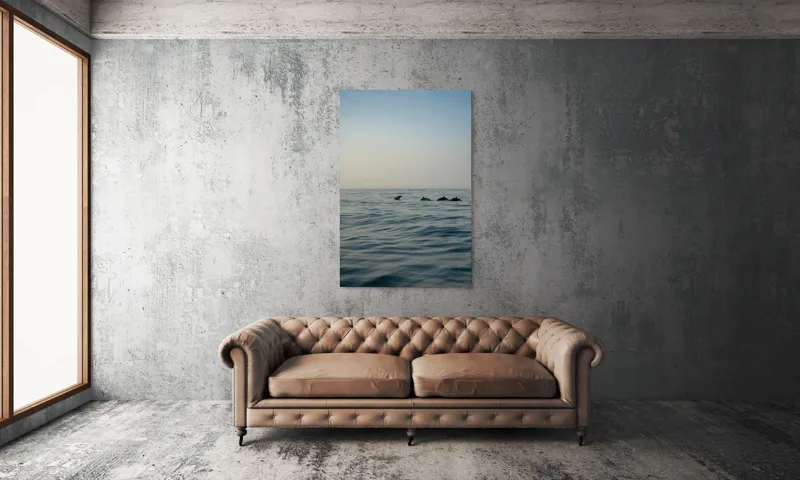 Tablou Canvas, "Delfini în dansul dimineții marine", Ocean, Delfini, Valuri, Orizont, Cer, Apus, 100 x 150 cm – poza 6