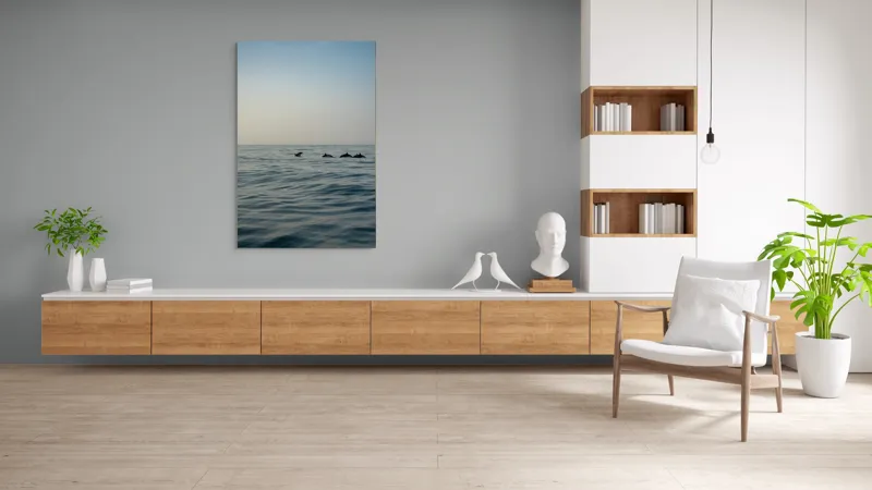 Tablou Canvas, "Delfini în dansul dimineții marine", Ocean, Delfini, Valuri, Orizont, Cer, Apus, 100 x 150 cm – poza 8