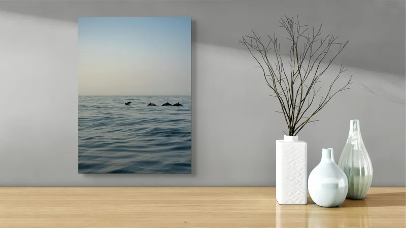 Tablou Canvas, "Delfini în dansul dimineții marine", Ocean, Delfini, Valuri, Orizont, Cer, Apus, 39 x 54 cm – poza 4