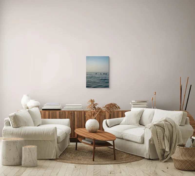 Tablou Canvas, "Delfini în dansul dimineții marine", Ocean, Delfini, Valuri, Orizont, Cer, Apus, 39 x 54 cm – poza 5