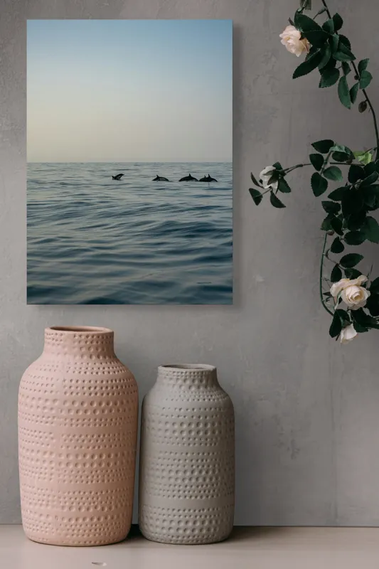 Tablou Canvas, "Delfini în dansul dimineții marine", Ocean, Delfini, Valuri, Orizont, Cer, Apus, 39 x 54 cm – poza 6