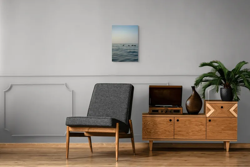 Tablou Canvas, "Delfini în dansul dimineții marine", Ocean, Delfini, Valuri, Orizont, Cer, Apus, 39 x 54 cm – poza 8