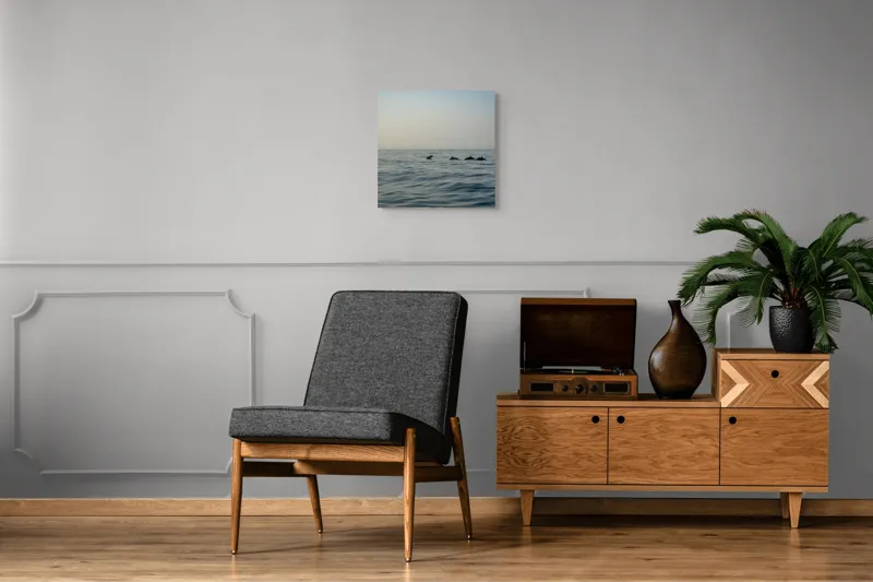 Tablou Canvas, "Delfini în dansul dimineții marine", Ocean, Delfini, Valuri, Orizont, Cer, Apus, 50 x 50 cm – poza 6