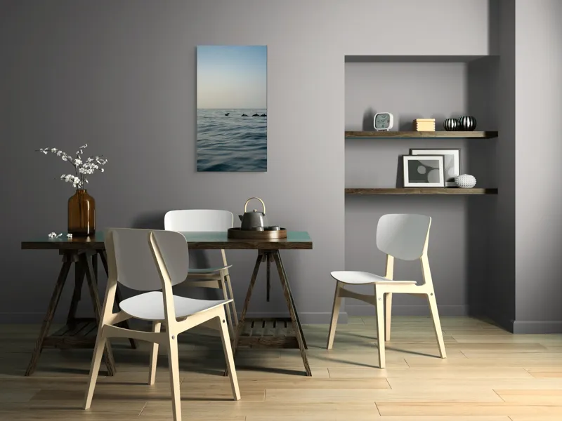 Tablou Canvas, "Delfini în dansul dimineții marine", Ocean, Delfini, Valuri, Orizont, Cer, Apus, 50 x 90 cm – poza 4