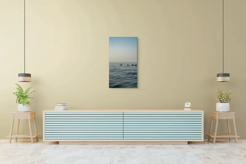 Tablou Canvas, "Delfini în dansul dimineții marine", Ocean, Delfini, Valuri, Orizont, Cer, Apus, 50 x 90 cm – poza 6
