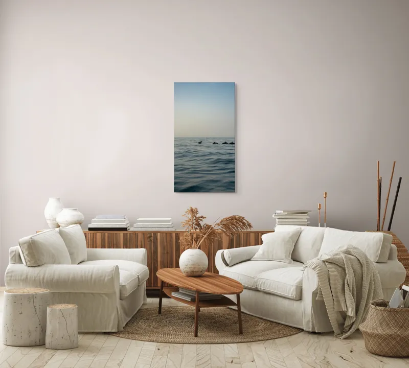 Tablou Canvas, "Delfini în dansul dimineții marine", Ocean, Delfini, Valuri, Orizont, Cer, Apus, 50 x 90 cm – poza 7
