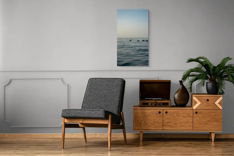 Tablou Canvas, "Delfini în dansul dimineții marine", Ocean, Delfini, Valuri, Orizont, Cer, Apus, 50 x 90 cm – poza 8