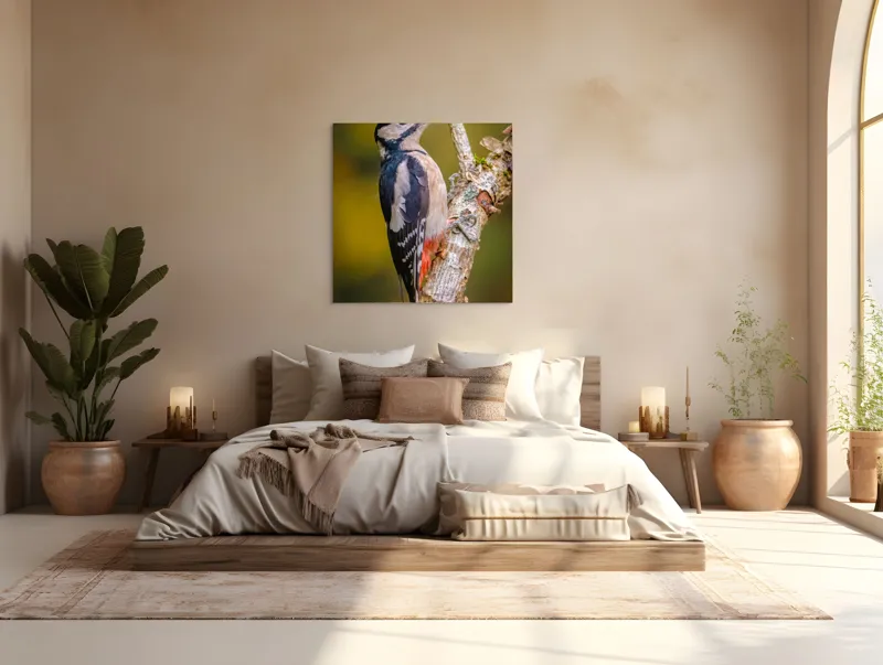 Tablou Canvas, "Ciocănitoarea pe trunchi de copac", Pene, Culori, Cioc, Pădure, Copac, Natură, Rățușcă, Privește, 100 x 100 cm – poza 4