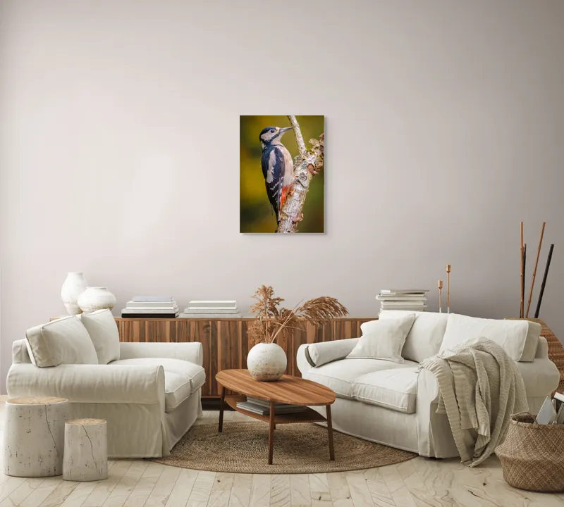Tablou Canvas, "Ciocănitoarea pe trunchi de copac", Pene, Culori, Cioc, Pădure, Copac, Natură, Rățușcă, Privește, 50 x 70 cm – poza 4