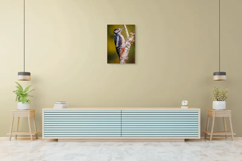 Tablou Canvas, "Ciocănitoarea pe trunchi de copac", Pene, Culori, Cioc, Pădure, Copac, Natură, Rățușcă, Privește, 50 x 70 cm – poza 6