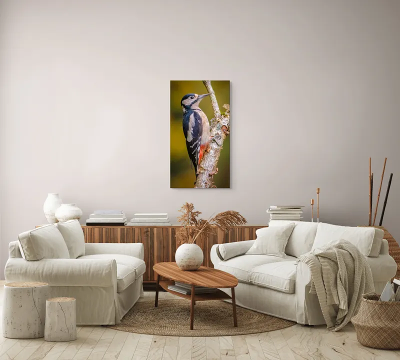 Tablou Canvas, "Ciocănitoarea pe trunchi de copac", Pene, Culori, Cioc, Pădure, Copac, Natură, Rățușcă, Privește, 50 x 90 cm – poza 7