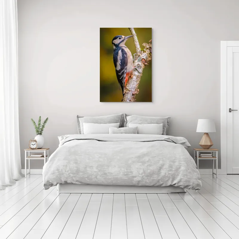 Tablou Canvas, "Ciocănitoarea pe trunchi de copac", Pene, Culori, Cioc, Pădure, Copac, Natură, Rățușcă, Privește, 70 x 100 cm – poza 3