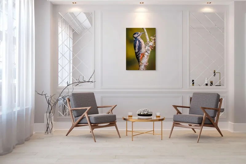 Tablou Canvas, "Ciocănitoarea pe trunchi de copac", Pene, Culori, Cioc, Pădure, Copac, Natură, Rățușcă, Privește, 70 x 100 cm – poza 8