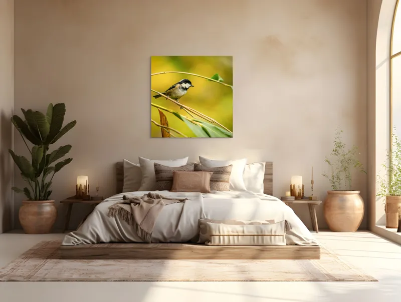 Tablou Canvas, "O lume văzută prin ochii păsării", Pitic, Frunziș, Ramură, Penaj, Verde, Natură, Echilibru, Mic, Grațios, Păsărelă, 100 x 100 cm – poza 4