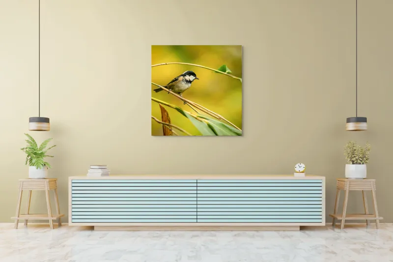 Tablou Canvas, "O lume văzută prin ochii păsării", Pitic, Frunziș, Ramură, Penaj, Verde, Natură, Echilibru, Mic, Grațios, Păsărelă, 100 x 100 cm – poza 5