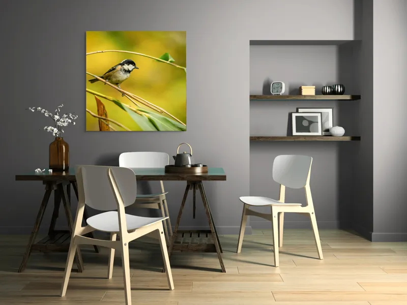 Tablou Canvas, "O lume văzută prin ochii păsării", Pitic, Frunziș, Ramură, Penaj, Verde, Natură, Echilibru, Mic, Grațios, Păsărelă, 100 x 100 cm – poza 6