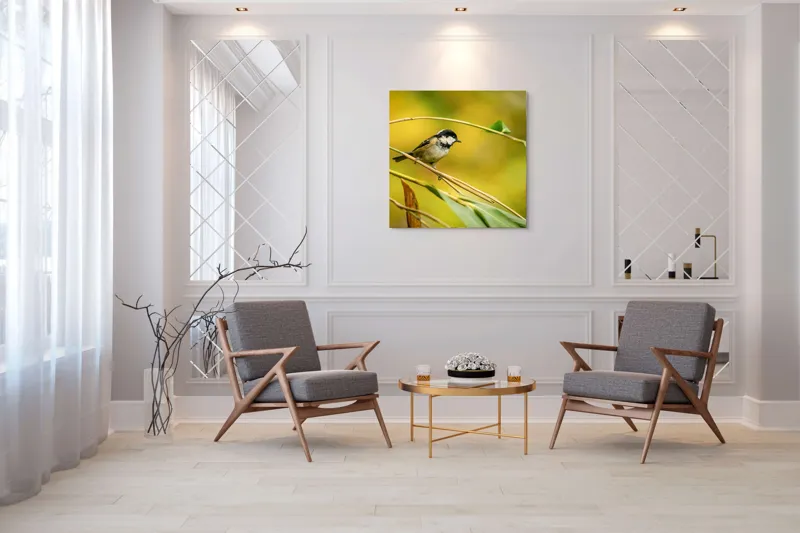 Tablou Canvas, "O lume văzută prin ochii păsării", Pitic, Frunziș, Ramură, Penaj, Verde, Natură, Echilibru, Mic, Grațios, Păsărelă, 100 x 100 cm – poza 7