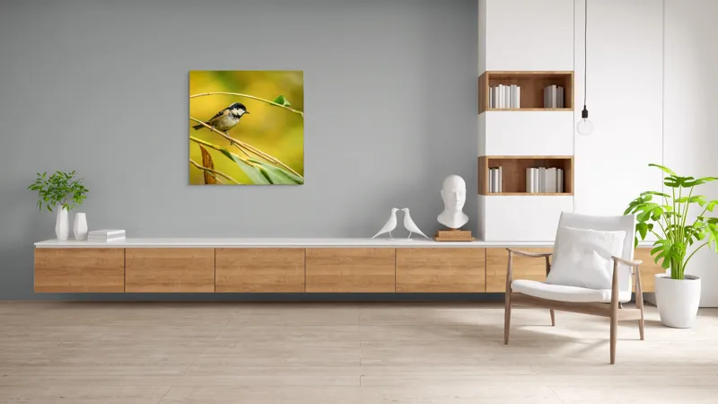 Tablou Canvas, "O lume văzută prin ochii păsării", Pitic, Frunziș, Ramură, Penaj, Verde, Natură, Echilibru, Mic, Grațios, Păsărelă, 100 x 100 cm – poza 8