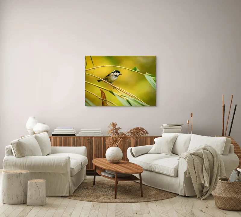 Tablou Canvas, "O lume văzută prin ochii păsării", Pitic, Frunziș, Ramură, Penaj, Verde, Natură, Echilibru, Mic, Grațios, Păsărelă, 100 x 70 cm – poza 3