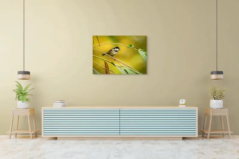 Tablou Canvas, "O lume văzută prin ochii păsării", Pitic, Frunziș, Ramură, Penaj, Verde, Natură, Echilibru, Mic, Grațios, Păsărelă, 100 x 70 cm – poza 4