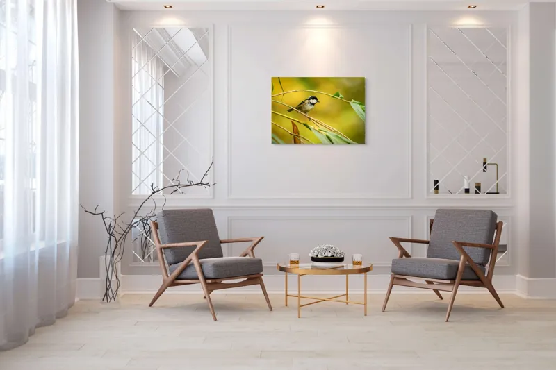 Tablou Canvas, "O lume văzută prin ochii păsării", Pitic, Frunziș, Ramură, Penaj, Verde, Natură, Echilibru, Mic, Grațios, Păsărelă, 100 x 70 cm – poza 5