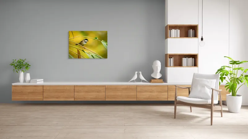 Tablou Canvas, "O lume văzută prin ochii păsării", Pitic, Frunziș, Ramură, Penaj, Verde, Natură, Echilibru, Mic, Grațios, Păsărelă, 100 x 70 cm – poza 6