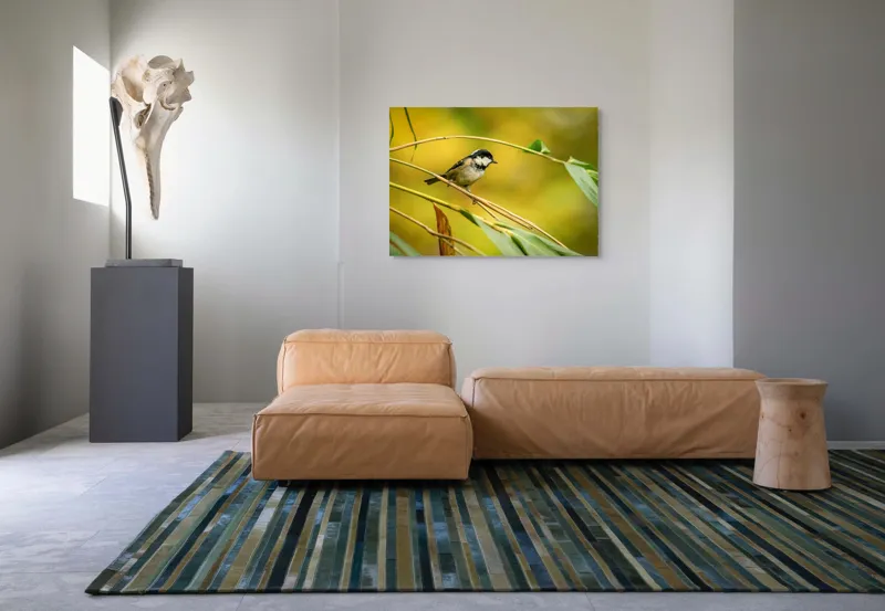 Tablou Canvas, "O lume văzută prin ochii păsării", Pitic, Frunziș, Ramură, Penaj, Verde, Natură, Echilibru, Mic, Grațios, Păsărelă, 100 x 70 cm – poza 7