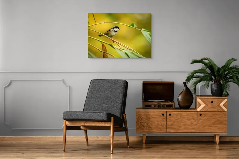 Tablou Canvas, "O lume văzută prin ochii păsării", Pitic, Frunziș, Ramură, Penaj, Verde, Natură, Echilibru, Mic, Grațios, Păsărelă, 100 x 70 cm – poza 8