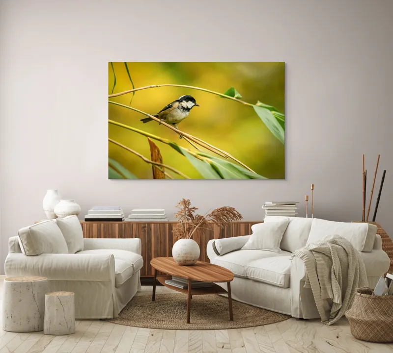 Tablou Canvas, "O lume văzută prin ochii păsării", Pitic, Frunziș, Ramură, Penaj, Verde, Natură, Echilibru, Mic, Grațios, Păsărelă, 150 x 100 cm – poza 3
