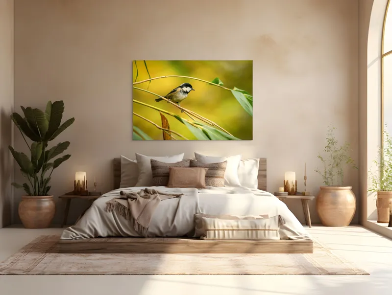 Tablou Canvas, "O lume văzută prin ochii păsării", Pitic, Frunziș, Ramură, Penaj, Verde, Natură, Echilibru, Mic, Grațios, Păsărelă, 150 x 100 cm – poza 4