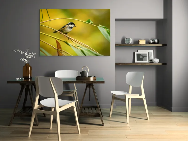 Tablou Canvas, "O lume văzută prin ochii păsării", Pitic, Frunziș, Ramură, Penaj, Verde, Natură, Echilibru, Mic, Grațios, Păsărelă, 150 x 100 cm – poza 5